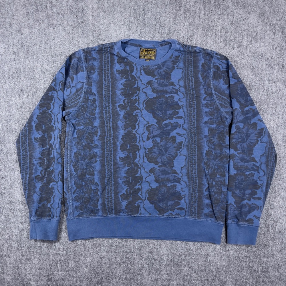 Lucky Brand Sweatshirt Mens Small Blue Floral Hibiscus Stripe Long Sleeve Top